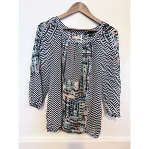 Zac & Rachel Women's Blouse SZ  Large Top Peasant Semi Sheer Chevron Aztec Boho